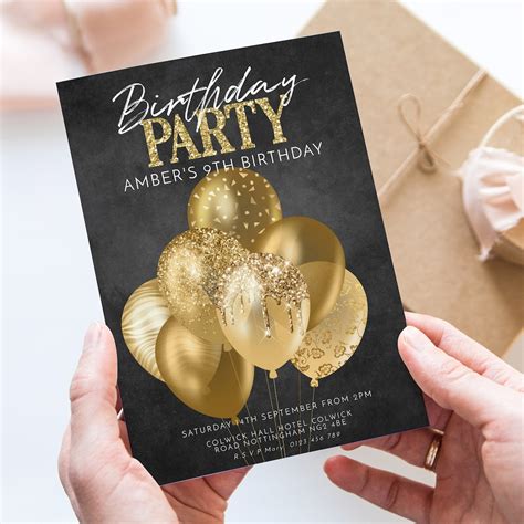 Editable Birthday Party Invitation Gold Glitter Balloon Etsy