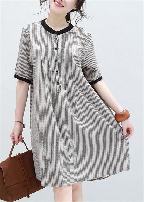 Art Striped Linen Clothes Short Sleeve Plus Size Summer Dresses Plus