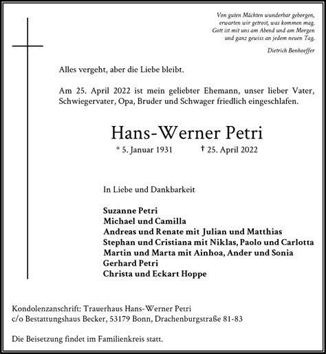 Traueranzeigen Von Hans Werner Petri Ga Trauer De