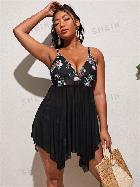 Shein Swim Classy Plus Floral Print Swim Dress With Bikini Bottom