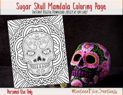 Adult Halloween Sugar Skull Mandala Coloring Pages Immediate Etsy