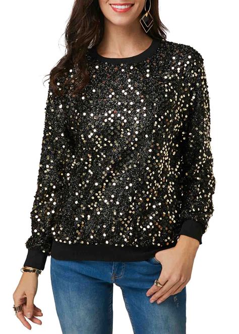 Round Neck Long Sleeve Sequin Embellished Blouse Trendy Tops For Women Embellished Blouse