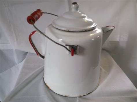 Vintage Enamelware Coffee Pot White An Red Enamelware Coffee Pot