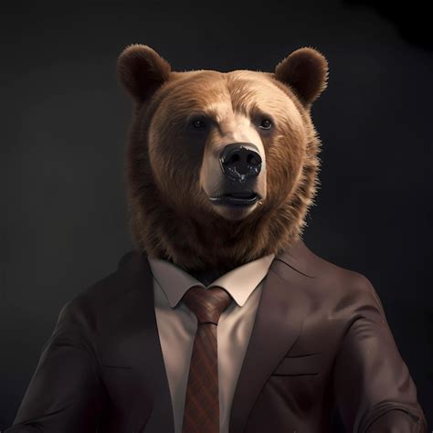 Un oso con traje y corbata está parado frente a un fondo oscuro Foto