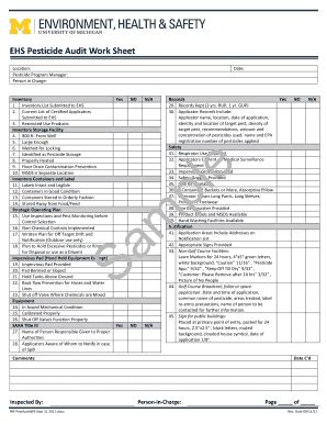 Fillable Online Ehs Umich EHS Pesticide Audit Work Sheet Fax Email