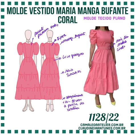 Molde Vestido 3 Marias Manga Bufante Coral 1128 22 CAMALEOA ATELIER