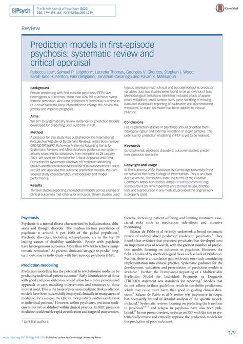 Pdf Prediction Models In First Episode Psychosis Systematic Review And Critical Appraisal