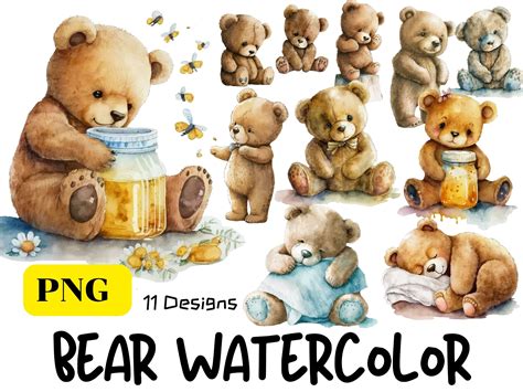 Bear Clipart Teddy Bear Png Watercolor Bear Clipart Cute Etsy