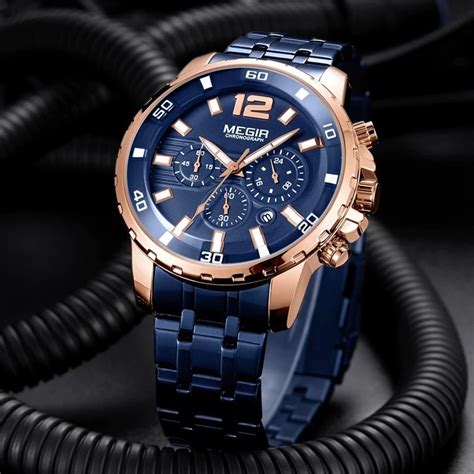 Megir Bleu Bronze Montre Chronographe Quartz Pour Homme Lhmiza