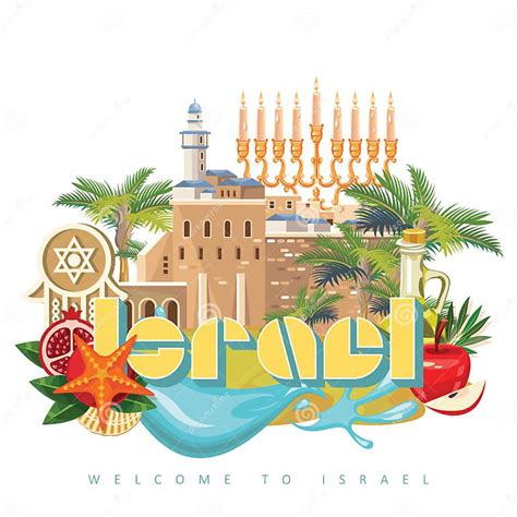 Israel Vector Banner With Jewish Landmarks And Menorah Welcome To