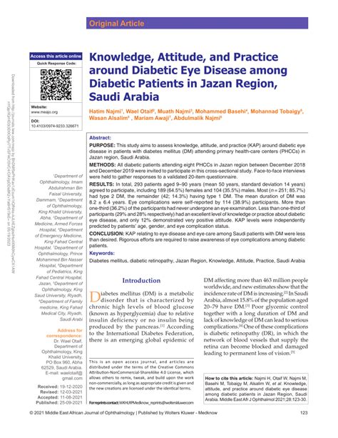 Pdf Knowledge Attitude And Practice Around Diabetic Eye Disease Among Diabetic Patients In