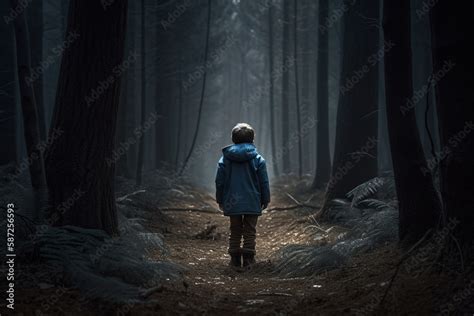 ภาพประกอบสตอก little boy walking In the dark mystery forest back view