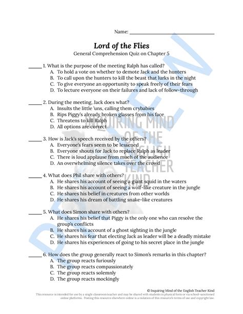 Lord Of The Flies Chapter Quiz Close Reading And Vocabulary