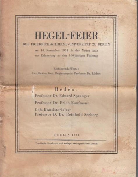 Hegel Feier Der Friedrich Wilhelms Universit T Zu Berlin Am