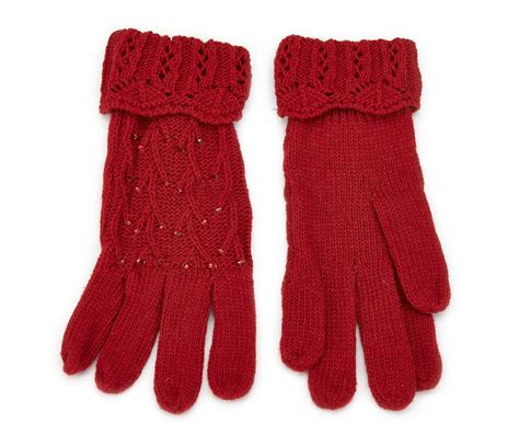 Ladies Gloves Bright Red Wool Winter Gloves Red Crystal Diamante Stones