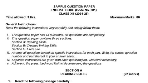 Cbse Class English Core Elective Sample Question Paper Marking