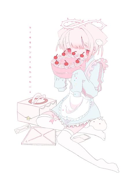 Safebooru 1girl Apron Bangs Blue Dress Box Cake Covering Mouth Dress