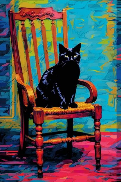 Una Pintura De Un Gato Negro Sentado En Una Silla Foto Premium