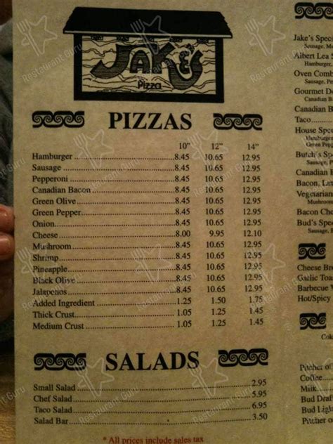 Menu at Jake's Pizza pizzeria, Albert Lea