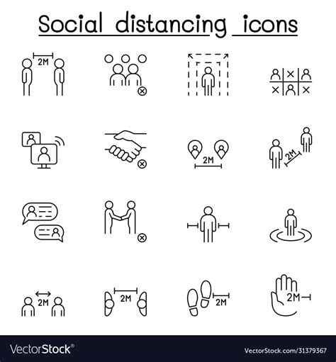 Social Distancing Icon Set In Thin Line Style Vector Image