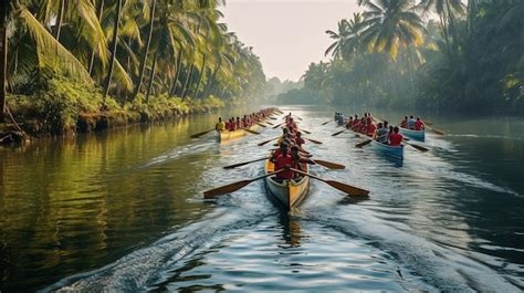 A Traditional Boat Race Vallamkali Taking Place On A Serene Backwater