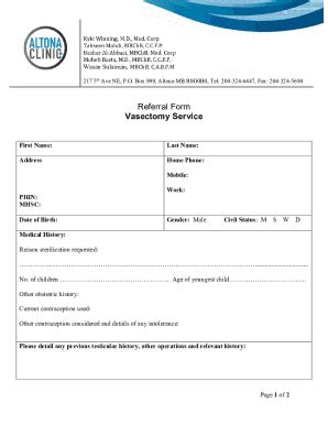 Fillable Online Self Referral Form Vasectomy Service Fax Email Print