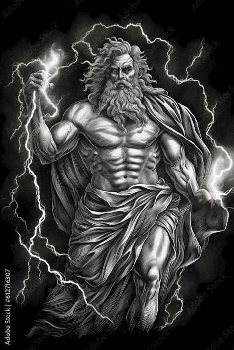 Engraved Portrait Of Zeus King Of The Gods On Mount Olympus In Greek