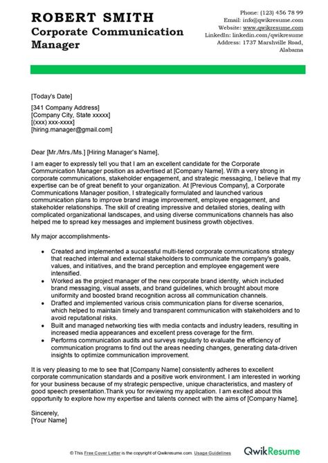 Corporate Communications Manager Cover Letter Examples Qwikresume