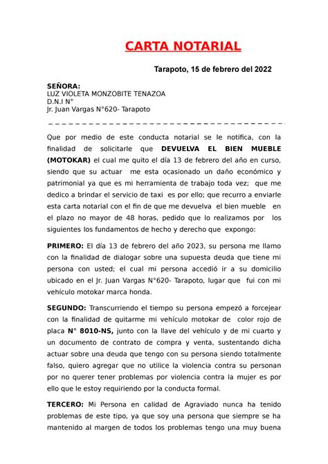 Carta Notarial Roel 02 Carta Notarial Tarapoto 15 De Febrero Del 2022 SeÑora Luz Violeta