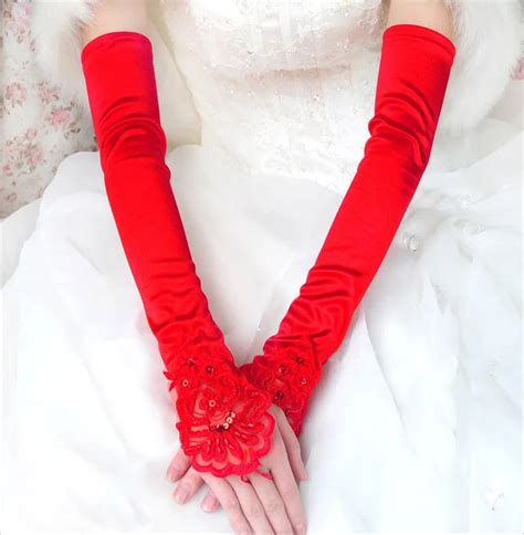 Free Shipping Cheap White Ivory Red Elbow Length Bridal Gloves Satin