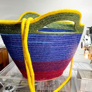 Hand Dyed Clothesline Tote Bag Repurposed Coiled Rope Basket Beach