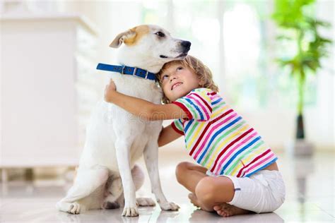 Child Playing with Dog. Kids Play with Puppy Stock Photo - Image of ...