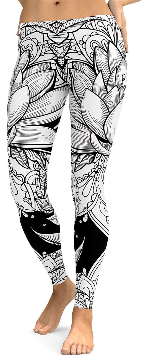 Womens Workout Yoga Bandw Lotus Leggings Black White