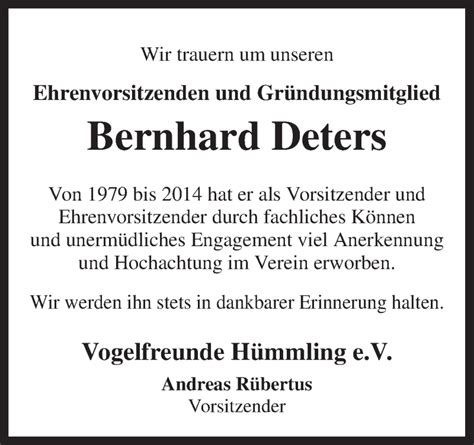 Traueranzeigen Von Bernhard Deters Noz Trauerportal