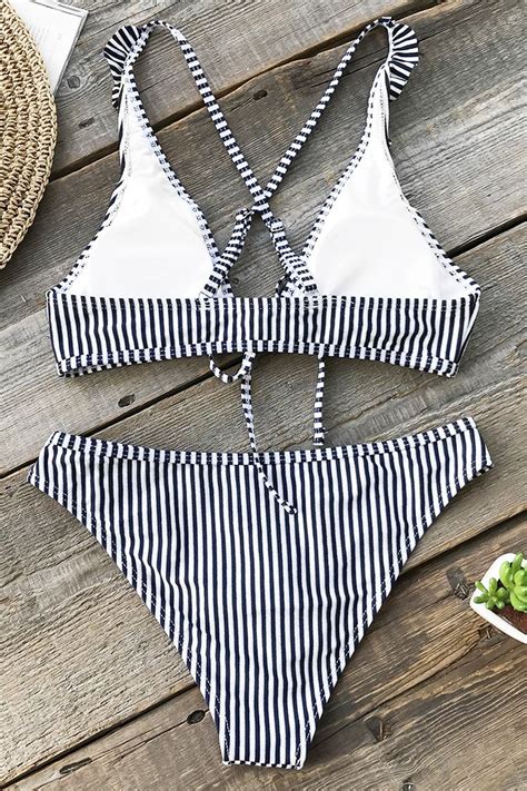 Navy And White Stripe Bikini With Ruffles