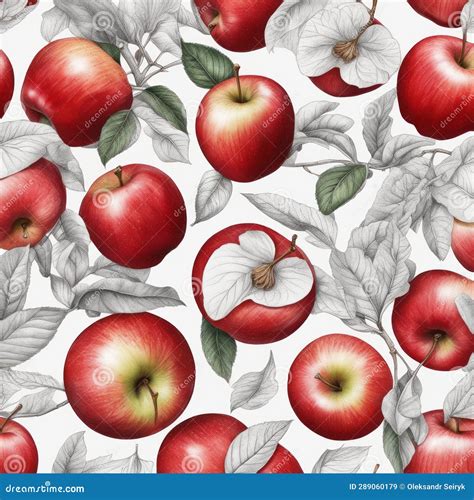 Seamless Pattern With Red Apples And Leaves On White Background Stock