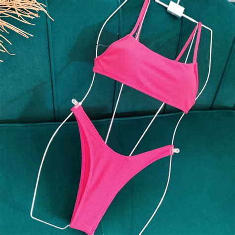 Conjunto De Bikini Rosa Ne N Acanalado Bikinis Con Tanga Traje De