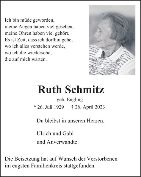 Traueranzeigen Von Ruth Schmitz Trauer In NRW De