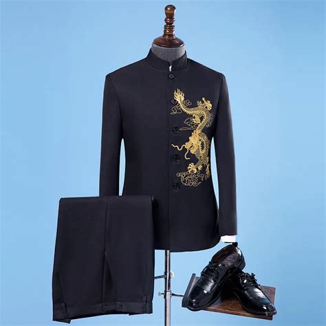 Brand Men Suits Stand Collar Embroidered Dragon Chinese Tunic Suit Male