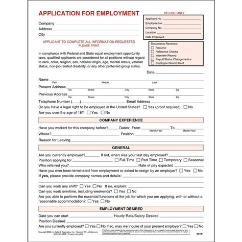 J J Keller And Associates Inc Application For Employment Form 25 Pack