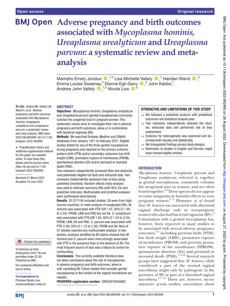 Pdf Adverse Pregnancy And Birth Outcomes Associated With Mycoplasma