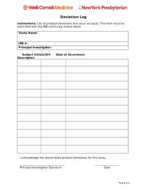 Protocol Deviation Log Template Research Weill Cornell Doc Template