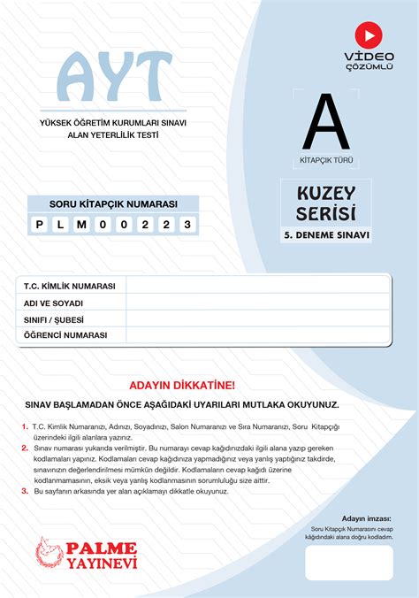 AYT Kuzey Serisi 5 Deneme Sınavı A Kitapçığı Palme Kurumsal Başarı Seti