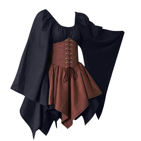 Medieval Costume Dress Trumpet Sleeve Corset Skirt Overskirt
