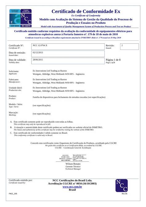 PDF Certificado de Conformidade Ex ABNT NBR IEC 60079 0 2008 versão