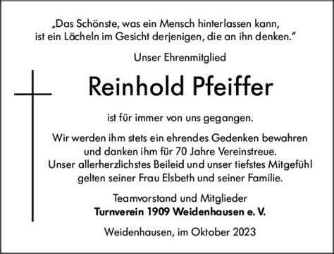 Traueranzeigen Von Reinhold Pfeiffer Vrm Trauer De