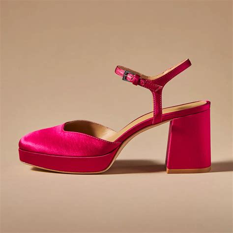 Hot Pink Satin Closed Square Toe Ankle Strappy Platform Sandals With Chunky Heels