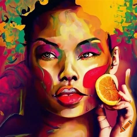 Colorful portrait of a woman holding tropical fruits