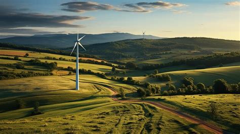 Premium Photo The Stunning Sunset Over Green Fields And Wind Turbines