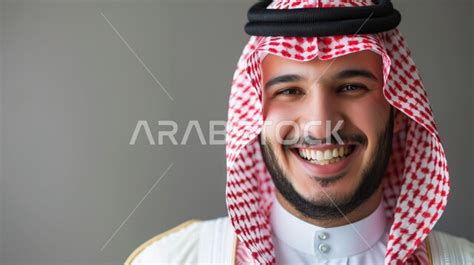 الاهتمام بالأناقة والمظهر الخارجي، بورتريه مقرب لرجل عربي خليجي سعودي مبتسم يرتدي الشماغ والثوب